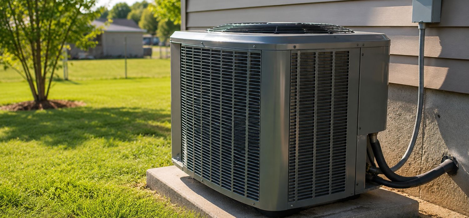 A residential outdoor air conditioning unit sits beside a home on a sunny summer day with green grass and clear weather in the background.