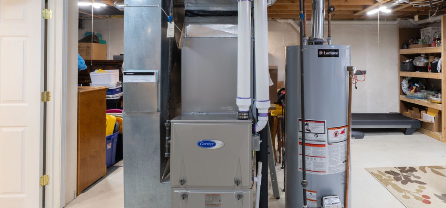 A residential basement with a furnace and water heater showcasing recent heating upgrades Marshall in the foreground, storage shelves and bins on the left, and a treadmill in the background.